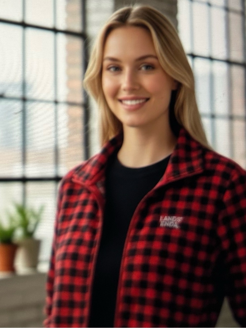 Lands' End Women's Red and Black Buffalo Plaid Teddy Zip Jacket Size SP